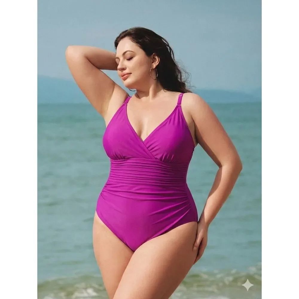 Aqua Green Size 20 Magenta One Piece Swimsuit Tummy Control V Neck Slimming